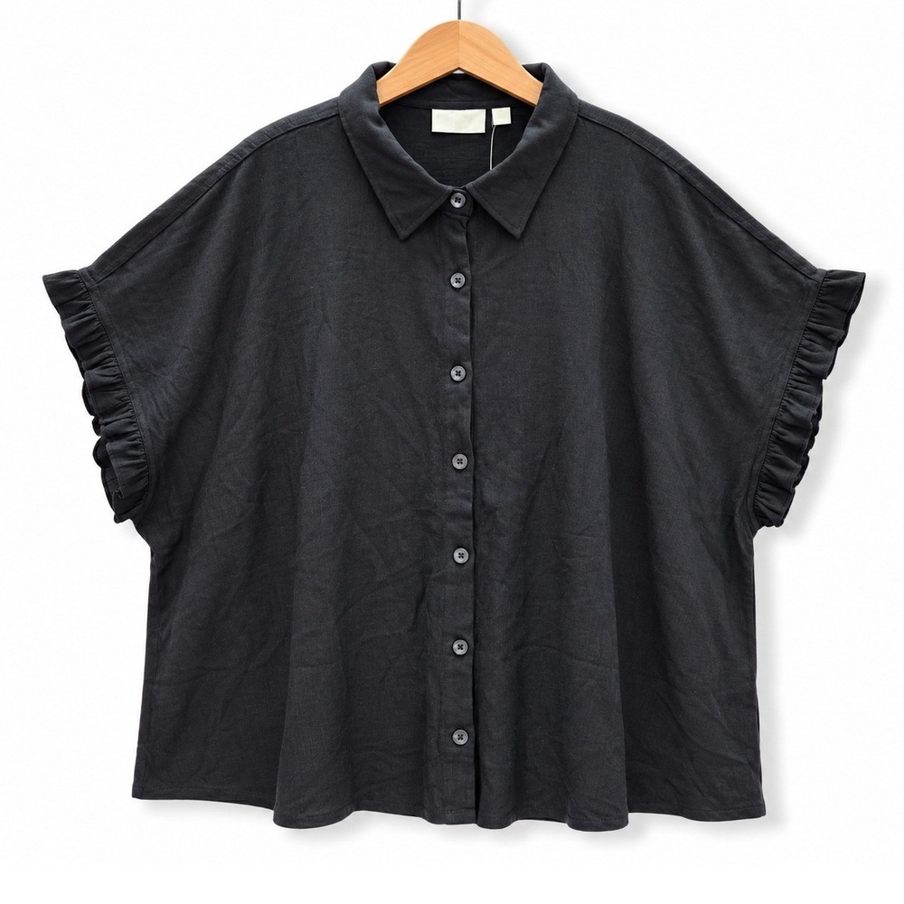 Belle Kim Gravel Women XS Black Packabelle Ruffle Sleeve Button Up Shirt A687805